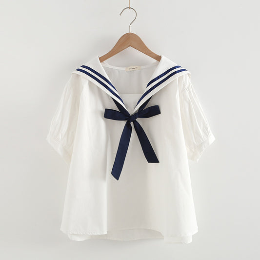 Elegant Cotton Pullover Sailor Collar Loose Women's Shirt