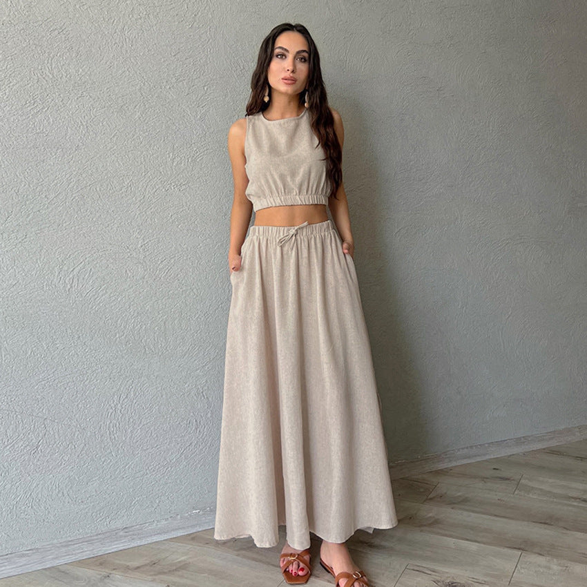 Casual Khaki Ramie Vest & Skirt Ensemble