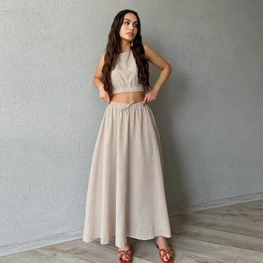 Casual Khaki Ramie Vest & Skirt Ensemble